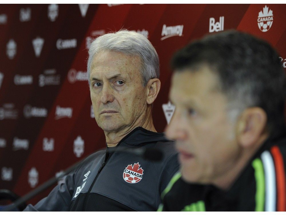 Vancouver B.C. March 22, 2016 National head coaches of Canada (Benito Floro) (left) and Mexico (Juan Carlos Osorio) (r) get set to square off this Friday with large crowds expected at the big game on March 22, 2016. Mark van Manen /PNG Staff photographer see Gary Kingston/ Marc Weber Sports Features /and Web. stories. 00042308A [PNG Merlin Archive]