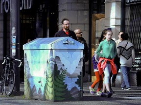 Utility boxes wrapped on Granville street in Vancouver on March 28, 2016.