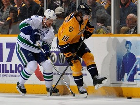 Daniel Sedin (left) will be back in the Canucks’ lineup tonight when they take on Calle Jarnkrok and the Nashville Predators at Bridgestone Arena.