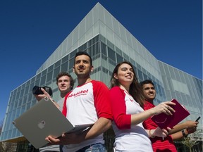 Saba Mohebpour (centre left ), is CEO of a UBC startup called VendChat. Here he is with some of his team, Luke Strahm (left), Pamela Melo (centre right ) and Abhishek Mohan (right), at UBC.