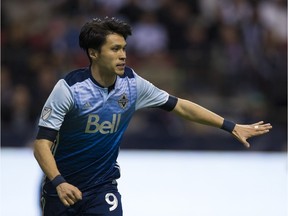 Masato Kudo in action for the Vancouver Whitecaps during Saturday’s game against the Houston Dynamo at B.C. Place Stadium. Kudo was suspended one game for embellishment during this game.