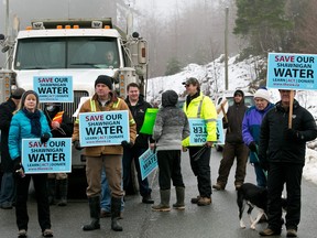 Protesters at the entrance to the South Island landfill site at Shawnigan Lake earlier this year.