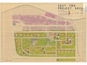 1957 proposal for redevelopment of Vancouver's Strathcona neighbourhood (then called the East End). Vancouver Archives LEG26.8