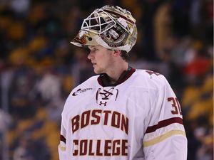 Thatcher Demko, a top prospect of the Vancouver Canucks, tends the net for the Boston College Eagles during an NCAA hockey game against the Harvard Crimson at TD Garden in Boston, Mass., in February 2015.