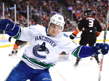 ANAHEIM, CA - APRIL 01:  Bo Horvat #53 of the Vancouver Canucks celebrates his goal to tie the score 1-1 against the Anaheim Ducks during the second period at Honda Center on April 1, 2016 in Anaheim, California.  (Photo by Harry How/Getty Images)