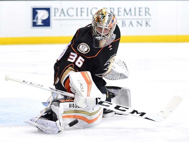 ANAHEIM, CA - APRIL 01:  John Gibson #36 of the Anaheim Ducks makes a pad save during the second period against the Vancouver Canucks at Honda Center on April 1, 2016 in Anaheim, California.  (Photo by Harry How/Getty Images)