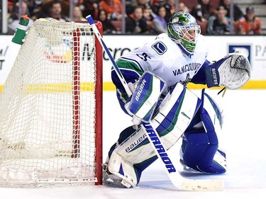 ANAHEIM, CA - APRIL 01:  Jacob Markstrom #25 of the Vancouver Canucks in goal during a 3-2 win over the Anaheim Ducks at Honda Center on April 1, 2016 in Anaheim, California.  (Photo by Harry How/Getty Images)