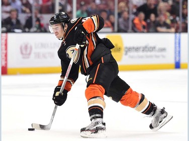 ANAHEIM, CA - APRIL 01:  Sami Vatanen #45 of the Anaheim Ducks takes a slap shot during a 3-2 loss to the Vancouver Canucks at Honda Center on April 1, 2016 in Anaheim, California.  (Photo by Harry How/Getty Images)