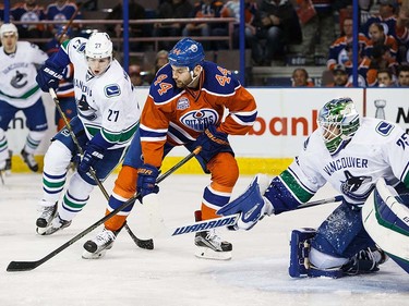 Zack Kassian #44 of the Edmonton Oilers can't get a shot past goaltender Jacob Markstrom #25 of the Vancouver Canucks on April 6, 2016 at Rexall Place in Edmonton, Alberta, Canada. The game is the final game the Oilers will play at Rexall Place before moving to Rogers Place next season. (Photo by Codie McLachlan/Getty Images)