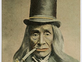 A postcard of a First Nations man smoking a pipe has a unique history. It was taken about 1897 by Jones Bros. photographers in Victoria, and was later used in postcards and "cabinet cards," where a thin print was glued onto a hard card backing. In the 1960s it became the logo for the Family Dog, a promoter in San Francisco.