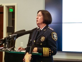 Seattle Police Chief Kathleen O'Toole speaks to reporters during a news conference Monday, April 11, 2016, in Seattle. Multiple body parts found in a homeowner's recycling bin likely belong to a woman who was reported missing Saturday morning, Seattle police said Monday.