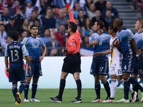 Matias Laba is sent off against the L.A. Galaxy at BC Place. MLS is cracking down on certain tackles this season.