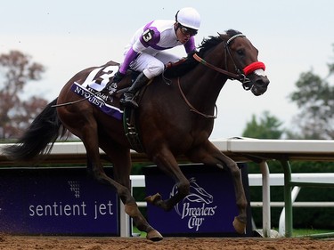 Jockey Mario Gutierrez aboard Nyquist at the Breeders’ Cup in October 2015 in Lexington, Ky. Nyquist is a favourite for next month’s Kentucky Derby.