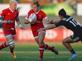 Canadian rugby sevens player Megan Lukan in action.