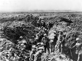 Canadian soldiers man the trenches at Vimy Ridge in April, 1917 during the First World War.