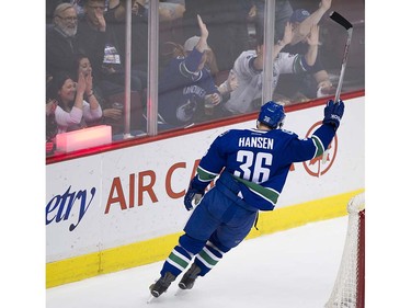 Vancouver Canucks #36 Jannik Hansen celebrates his goal on the Edmonton Oilers during the third period of the final regular season NHL hockey game at Rogers Arena, Vancouver April 09 2016. ( Gerry Kahrmann  /  PNG staff photo)  ( For Prov / Sun Sports )  00042613A  [PNG Merlin Archive]