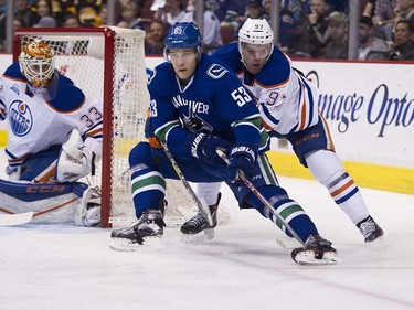 Vancouver Canucks #53 Bo Horvat is chased by Edmonton Oiler #97 Connor McDavid during the first period of the final regular season NHL hockey game at Rogers Arena, Vancouver April 09 2016. ( Gerry Kahrmann  /  PNG staff photo)  ( For Prov / Sun Sports )  00042613A  [PNG Merlin Archive]