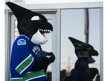 Canucks Mascot Fin arrives to meet fans at Pat Quinn Way outside Rogers Arena prior to the last game of the regular season, Vancouver April 09 2016. ( Gerry Kahrmann  /  PNG staff photo)  ( For Prov / Sun Sports )  00042648A  [PNG Merlin Archive]