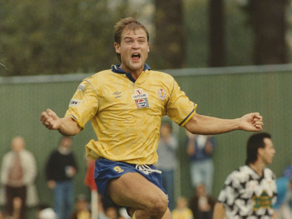 John Catliff celebrates a goal in the 1990 Canadian Soccer League championship.