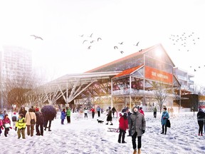 Concept drawings of The Shipyards Lot 5, located in Shipbuilders Square at the foot of Lonsdale Avenue in North Vancouver on the waterfront. It includes an outdoor public skating rink, water play area, a covering for weather protection over the entire open space, heritage elements such as the use of the machine shop building, an enhanced public stage, underground parking, and a commercial component including a restaurant, retail and proposed hotel.