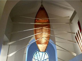 Craft, copper and platinum leaf on oars and rowboat, by Michael Nicoll Yahgulanaas. [PNG Merlin Archive]