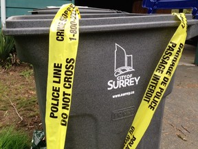 Crime tape in garbage can at the scene of April 5, 2016 shooting in Surrey in the 7700-block of 155 St