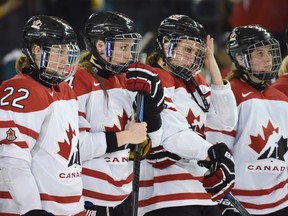 Canadian players at the women's world hockey championships in Kamloops.