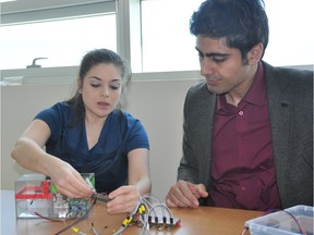 UBC Dr. Mina Hoorfar and PhD candidate Mohammad Paknahad with a handheld marijuana breath analyzer. The device about the size of two fingers is a bluetooth-enabled breathalyzer that uses microfluidic technology and a selective gas sensor to detect tetrahydrocannabinol, the psychoactive ingredient in marijuana. The THC levels in a sample can be analyzed within seconds and the results delivered to a smartphone.