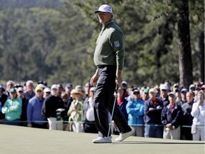 Ernie Els, of South Africa, watches a putt on the first hole during the second round of the Masters golf tournament Friday, April 8, 2016, in Augusta, Ga.