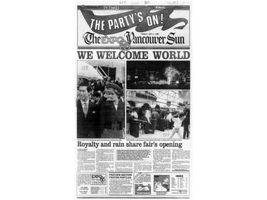 Front page of The Vancouver Sun May 2, 1986.  Opening of Expo 86 with Princess Diana and Prince Charles - We welcome world Sunday feature Expo 86 30th anniversary [PNG Merlin Archive]