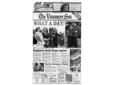 Front page of The Vancouver Sun May 3, 1986.  Opening of Expo 86 with Princess Diana and Prince Charles and Mila Mulroney - What a day!   Sunday feature Expo 86 30th anniversary PNG Merlin Archive]