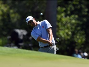 Australia's Adam Scott plays a shot during a practice round before the Masters Tournament at the Augusta National Golf Club on April 5, 2016, in Augusta, Ga.