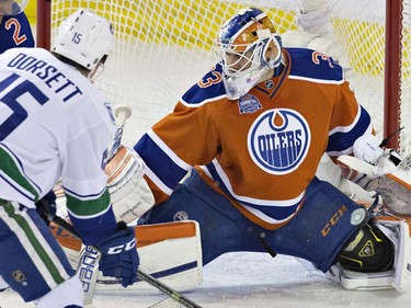 Vancouver Canucks' Derek Dorsett (15) is stopped by Edmonton Oilers goalie Cam Talbot (33) during second period NHL action in Edmonton, Alta., on Wednesday April 6, 2016. THE CANADIAN PRESS/Jason Franson