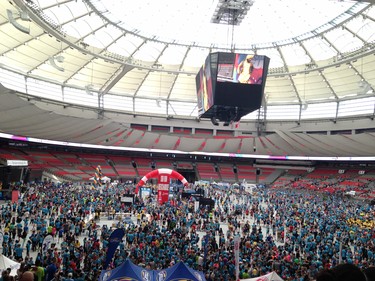 The scene at BC Place, where Sun Runners are streaming in for post-run replenishment.