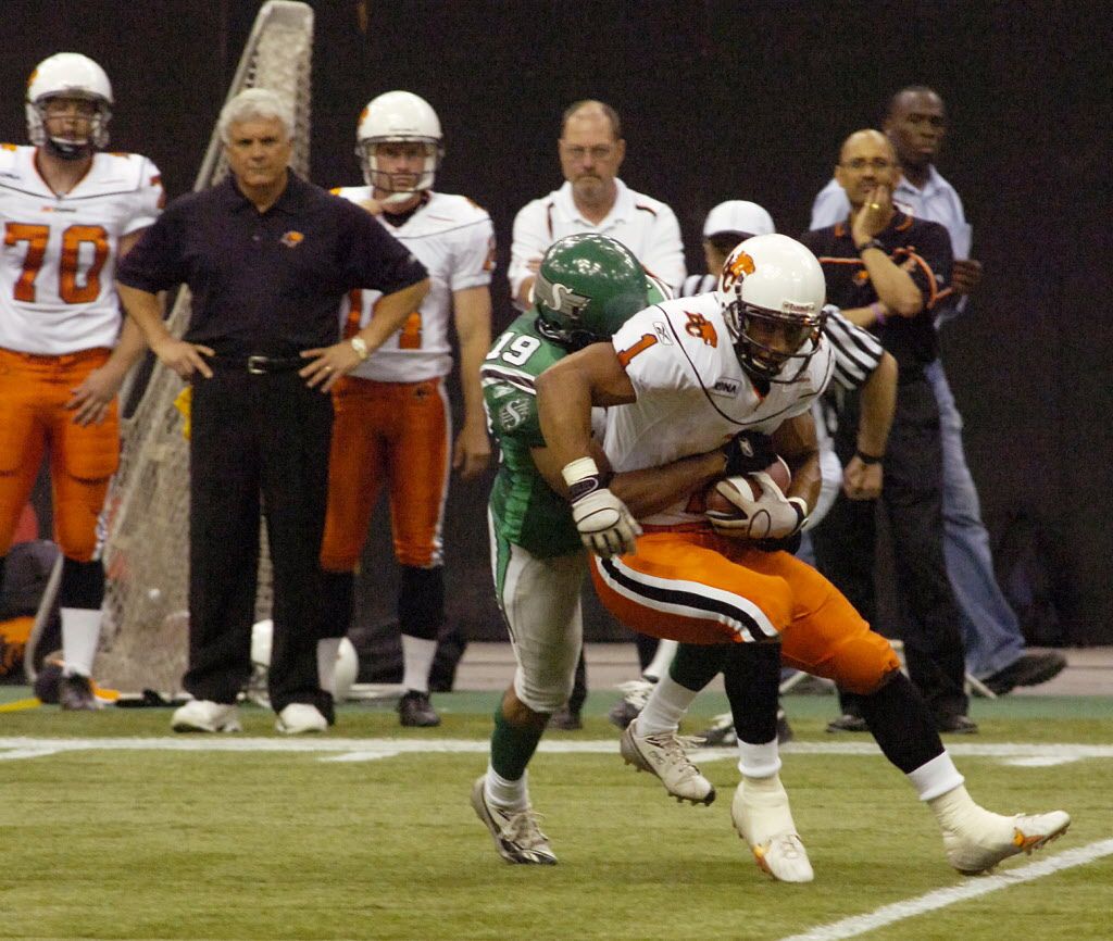 BC Lions Josh Boden makes this grab, hoping to impress coach Wally Buono.