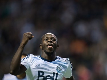 Vancouver Whitecaps' Kekuta Manneh celebrates his goal against FC Dallas during the second half of an MLS soccer game in Vancouver, B.C., on April 23, 2016.