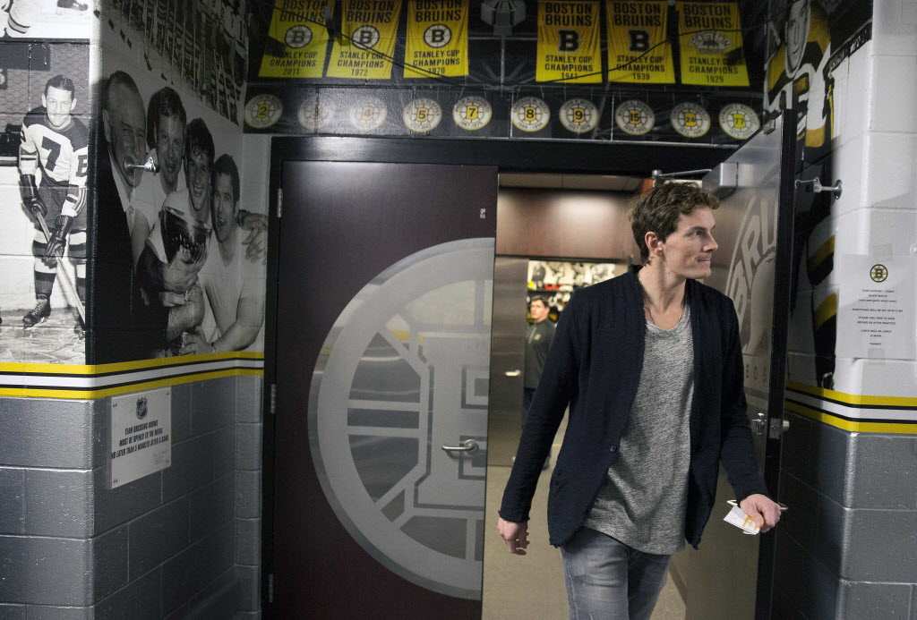 Boston Bruins' Loui Eriksson leaves the locker room after an end of season meda availabiity at TD Garden, Monday, April 11, 2016, in Boston. 
