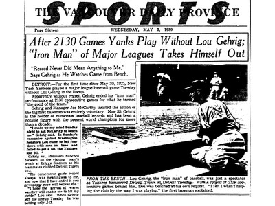 Baseball by BSmile on X: Today In 1939: Lou Gehrig Finally Rests - After  playing in 2,130 consecutive games with the New York #Yankees, The Iron  Horse benches himself before a ballgame