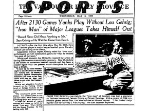 Lou Gehrig ending his "Iron Man" streak at 2,130 games. The streak lasted 14 years, from 1925 to 1939, and only ended when Gehrig contracted ALS (amyotrophic lateral sclerosis), which killed him just over two years later.