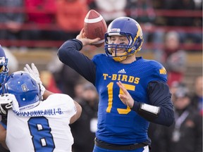 UBC Thunderbirds quarterback Michael O'Connor throws a play against Montreal Carabins during first half football action at the Vanier Cup Saturday, November 28, 2015 in Quebec City.