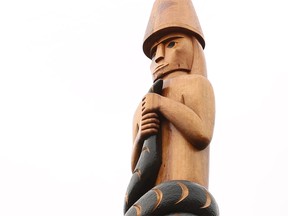 The Musqueam Post is a 34-foot doubled-headed serpent post carved by Musqueam artist Brent Sparrow Jr. as a gift to UBC.