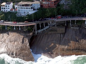Aerial view of a bike lane that collapsed last week, killing two people. The newly inaugurated lane was built in anticipation of the Rio de Janeiro Olympics.