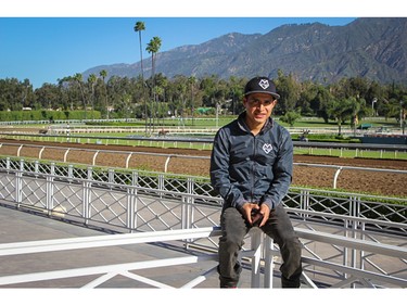 Horse racing jockey Mario Gutierrez at the Santa Anita Park racetrack in Arcadia, Calif., on April 16, 2016.