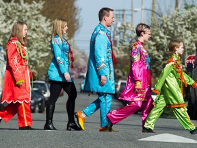 The Tennant family dressed as Sgt. Pepper's Lonely Hearts Club Band, Vancouver April 08 2016. L-R Ocean, Helen, Jody, Akaya and Solstice.