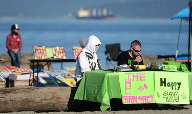 Vendors prepare their stands for the annual 420 event at Sunset Beach in Vancouver, BC., April 20, 2016.