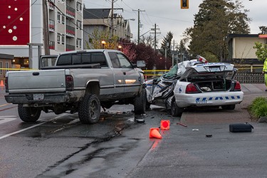 A Westshore RCMP cruiser was involved in a fatal crash on the morning of Tuesday, April 5, 2016, at Peatt Road and Goldstream Avenue in Langford.