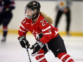 Sarah Potomak, of Aldergrove, skates up the ice while playing for Canada against the United States during at the Four Nations international women's hockey tournament in Kovland, Sweden, last November. The 18-year-old forward was among the last players cut from Canada's world championship team roster.
