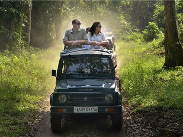 Britain's Prince William, left, and Kate, the Duchess of Cambridge take an open vehicle safari inside the Kaziranga National Park, east of Gauhati, northeastern Assam state, India, Wednesday, April 13, 2016. (Pool photo via AP)