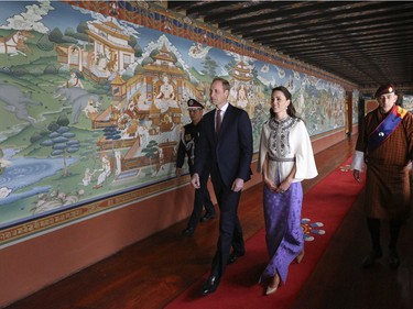 Britain's Prince William, left, and his wife Kate, Duchess of Cambridge are seen in Thimphu, Bhutan, Thursday, April 14, 2016.
