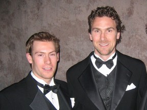 Then-Canucks teammates Brendan Morrison (left) and Trevor Linden at a 2004 team Dice & Ice fundraiser.